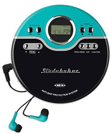 Studebaker Retro Portable CD Player | CD-R/RW MP3 Playback | Programmable Personal CD Player | Anti-Skip | FM Radio | Mega Bass Boost | Sport Earbuds (Vintage Turquoise)