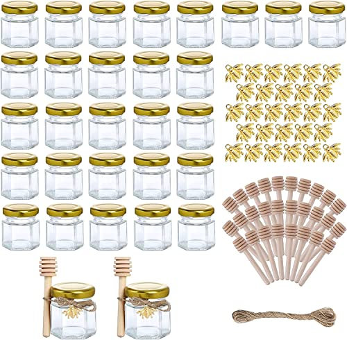 MEETOZ Lot de 30 mini pots à miel hexagonaux en verre de 42.5 g avec cuillère en bois, couvercle doré, pendentif abeille, corde, 20 m, parfaits pour les mariages, les cadeaux de douche, les conserves