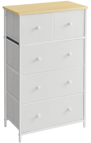 SONGMICS Kommode, Aufbewahrungsschrank, 5 Stoffschubladen, für Flur, Wohnzimmer, weiß-eichenfarben LTS514W57