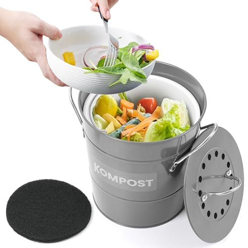 Winter Shore 4 l Grauer Compost Bin Küche - Geruchsdichter Mülleimer Biomüll Behälter mit Deckel für den Innenbereich - Plastik-Inneneimer & Verzinkte Eisen-Außenhülle - Mit Kohlefilter & Etikett