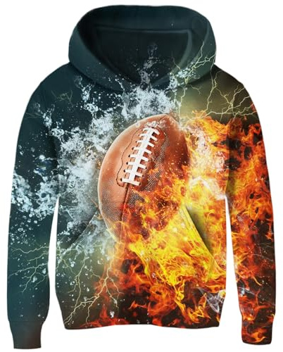 Idgreatim Youth Pullover Hoodies for Boys Girls 11-12 Years Water and Fire Football Printed Hooded Sweatshirt Casual Sport Fleece Warm Fall Winter Clothes Size 12-13T