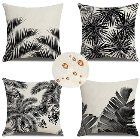 Extérieur Housses de Coussin 60x60 cm Lot de 4 Housse Coussin noir Housse Coussin Canapé Blanc Coussin Extérieur Imperméable Lin Coussin Canapé Carré Decoratif pour Chambre Canapé Chaise Lit Jardin