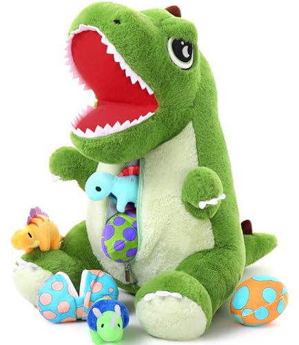 MorisMos Peluche Dino Géant XXL, 50cm Mom Dinosaure Doux avec Kawaii Bébé, Vert Dinosaure Animaux en Peluche Grande Cadeau pour Enfants NoëL Anniversaire