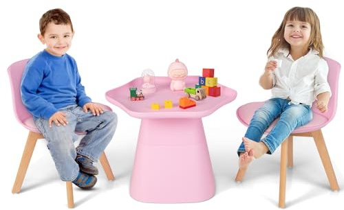 RELAX4LIFE Set Tavolo e Sedie per Bambini, Set Mobili di 3 Pezzi con Tavolino e 2 Sedie, Tavolo da Gioco con Gambe in Legno di Faggio, Seduta in Similpelle di 2 cm, Ideale per Bambini da 3 a 8 Anni