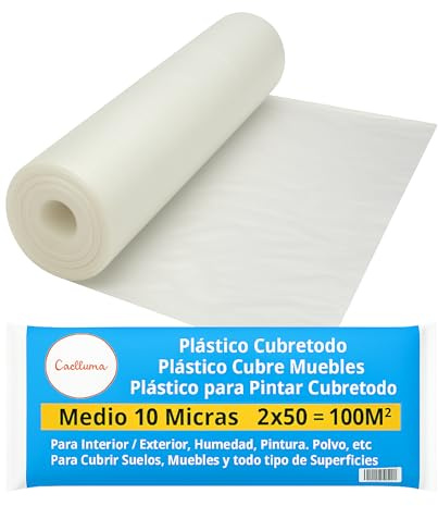 Film Plastique de Protection Transparent · Réutilisable et Recyclable · Bâche de Protection pour Peinture · Couverture Meubles Sols · Anti-Taches · Facile à Couper et à Utiliser (2x50 10 Micras)