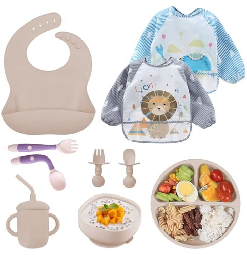 10 Stück Silikon Baby Geschirrset, Rutschfest Kindergeschirr Set, Kindergeschirr mit Saugnapf, Rutschfest Baby Schüssel,Baby-Teller, Baby-Besteckset für Kleinkinder