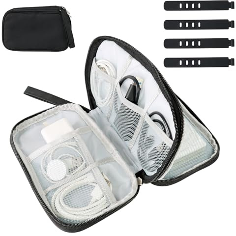 VINEST Organizador Cables Viaje, Electrónico Bolsa de Organizadora Portáti, Bolsa Cables de Viaje Negro Impermeable, Bolsa Cables Organizador con 4 Correas de Cables, para Memoria USB Auricular