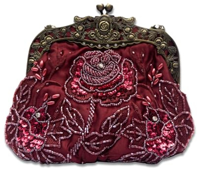 CORIOS Vintage 1920s Cuentas Bolsa de Noche Clutch con Floral para Mujer Embrague de Lentejuelas Bolso de Boda Bolsos de Fiesta Elegante Bolso de Hombro para Fiesta de Graduación Banquete Rojo Vino
