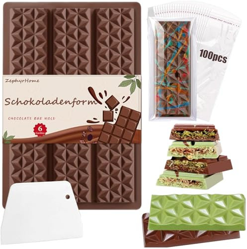 Stampo per barretta di cioccolato in silicone a 6 cavità, stampo per cioccolato in silicone antiaderente da 1 pezzo, stampo per cioccolato in silicone alimentare, (include 100 sacchetti, una spatola)