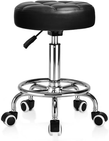 Rollhocker PU Leder Rund Gepolstert, Arbeitshocker Höhenverstellbar Rollen mit Fußstütze , 360° - Drehung Drehocker ，Tragfähigkeit 150kg für Spa Zeichnung Salon Arbeit Büro Tattoo Hocker. (Tinte)
