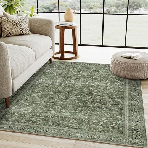 HUGEAR Vintage Rugs Living Room Green Large Area Rug 120x170cm Non Slip Washable Hall Lounge Bedroom Kitchen Office Dining Room Indoor Carpet Low Pile Big Carpets