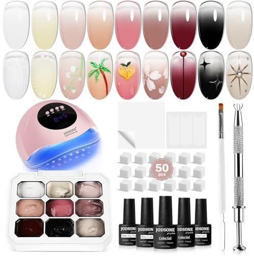 JODSONE Kit de Gel de Uñas Degradado 9 Colores con Lámpara U V LED, 50 Esponjas y Pincel de Diseño para Manicura en Casa