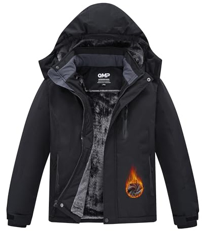 QMP Boys Winter Coat Jackets Snow Suit for Kids Rain Fleece Warm Waterproof Insulated Softshell Ski Snowboard Jackets for Girls Windproof with Zip Pockets Hoode Black 4-5