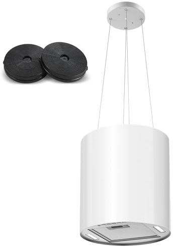 SNDOAS Hotte Îlot Central 700 m³/h, Hotte Aspirante 35cm avec 3 Vitesses, A+, Éclairage LED, Filtres à Charbon et Fonction Retard (5 minutes), Blance, Hotte Suspendue Recyclage