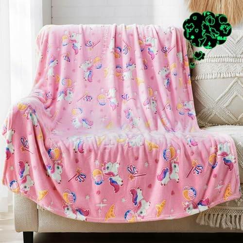 YTACREA Manta de Unicornios para Niñas, Manta de Unicornia Que Brilla en la Oscuridad, Mantas Infantiles Cálidas y Mullidas para Niños de 2 a 12 Años, Niños y Niñas, 150 * 200CM