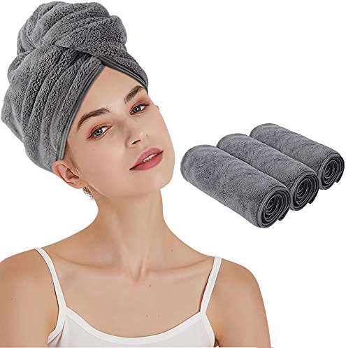 KinHwa Haarturban Mikrofaser Handtuch Haare Turban Handtuch mit Knopf Haarturban schnelltrocknend Haarhandtuch für Lange Haare und alle Haartypen super saugfähig und weich 25cmx65cm 3 Pack Dunkelgrau