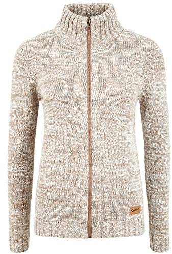 OXMO OXPhenix Damen Strickjacke Grobstrick Cardigan Strickcardigan mit Stehkragen Reißverschluss 100% Baumwolle Regular fit, Größe:L, Farbe:Dune (795409)