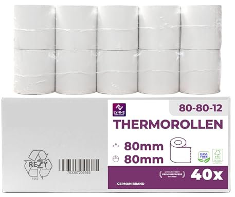 Thermorollen 80mm x Ø80mm x 12mm – Bonrollen BPA-frei – Kassenrollen für Thermodrucker & Bondrucker – Thermopapier – passend für Geräte mit Papierbedarf bis 80 m – 40 Rollen