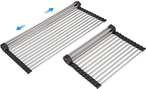 ARAINY Large Telescopic Drain Rack Roll Up Rack Heat-Resistant Dish Drainer Kitchen Sink Rack Over The Sink Dish Drying Rack Stainless Steel Dish Rack 18 Tube