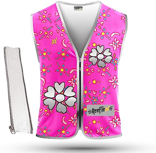 REEFLEXX Coole Kinder Warnweste inkl. Größen-Adapter, Reflexionsweste, erhöhte Sichtbarkeit im Straßenverkehr durch Reflektoren, Farben und Muster, Pink Flower Hearts - Größe M