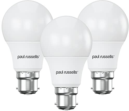 paul russells LED GLS Light Bayonet Cap BC, 60w Equivalent, 8watt 806LM LED Bulbs, 2700K Warm White Lamp, Classic Frosted A60 Standard B22 Energy Saving Non-Dimmable Large Globe Lightbulbs, 3 Pack