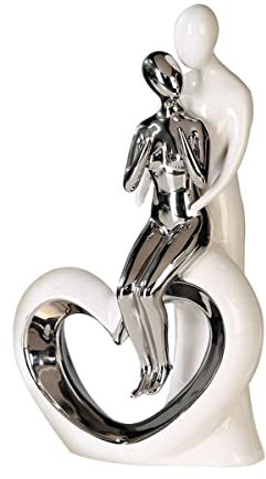 Brillibrum Scultura decorativa di design, coppia di innamorati in ceramica, con cuore, bianco, regalo di matrimonio, coppia di sposi, statuetta in porcellana argentata (variante 9: 32,5 x 18 x 7,5 cm)