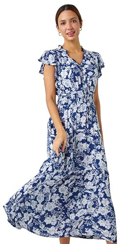 Roman Originals Shirred Empire Waist Dress for Women UK Ladies Midi Maxi Summer Spring Tiered Frill Hem Short Sleeve V Neck Button Through Boho Bohemian Holiday Cruise - Navy & White - Size 12