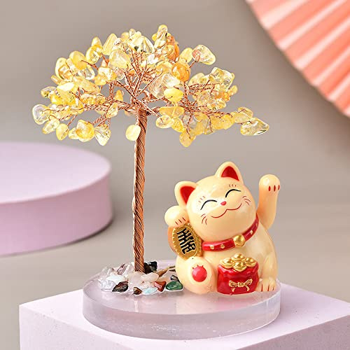 Kingzhuo Lucky Cat, Crystal Tree Healing Stones, Solar Power Weaving Arm, Yoga Meditation, Restaurant, Business, Home Decor, Office Decor, Car Dashboard (Yellow)
