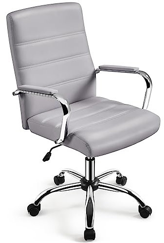 Yaheetech Adjustable Office Chair Ergonomic Swivel Leather Task Executive Chair with Back Support and Arms Light Gray