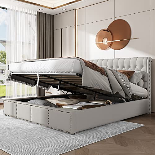 Idemon Letto Imbottito in Cotone-Lin, con Leva Idraulica, Contenitori per Biancheria, Decorazione con Rivetti, senza Materasso, Grigio (180 x 200 cm)