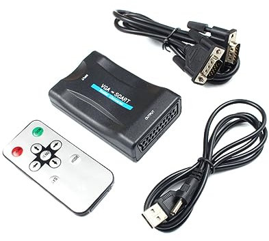HEMOTON Adaptador Convertidor Vga a Scart para Videoproyección Familiar, Compacto y Plug and Play, Compatible Sistemas Ntsc y PAL, Portátil y Ligero Color Negro