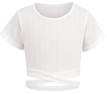 Arshiner Filles T-Shirts Courte Crop Top Enfants Croix Croisée Révèle la Taille Manches Courtes Mode Été Tee Tops Col Rond Shirt Casual Élégant Tshirts pour Fille 13-14 Ans Blanc