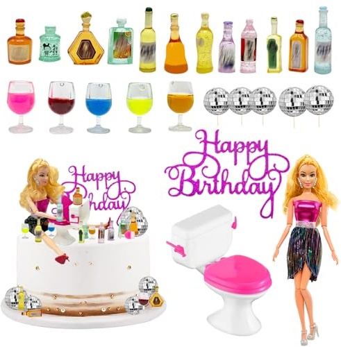 SIEBOLD 25 PCS Mini Wine Bottles Cake Toppers,With 12 Mini Wine Bottles and 5 Mini Wine Glasses,1 Mini Toilets and 1 Doll for Bachelorette Party Dollhouse Deco Birthday Cake Decorations