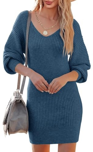 Saodimallsu Robe en tricot pour femme - Col en V - Manches longues - Pull élégant - Mini robe de loisirs - Tunique - Pull en tricot - Robe pour l'automne et l'hiver, bleu foncé, S