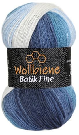 Wollbiene Batik Fine 100 Gramm Wolle mit Farbverlauf mehrfarbig Multicolor Strickwolle Häkelwolle (5500 blau weiß)