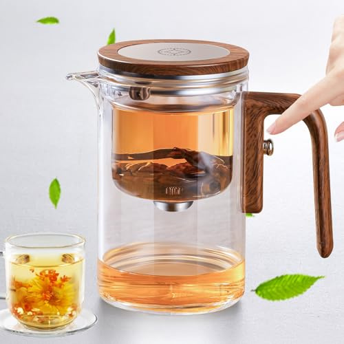 Teiera magica con manico, teiera in vetro separata per separare l'acqua del tè, design ergonomico in silicone effetto legno e infusione versatile di tè e caffè (600 ml)