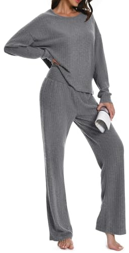 Rolcoassuns Set Pigiama Donna 2 Pezzi, Tuta Casa in Costola con Maglione a Girocollo Manica Lunga e Pantaloni Larghi a Vita Elasticizzata