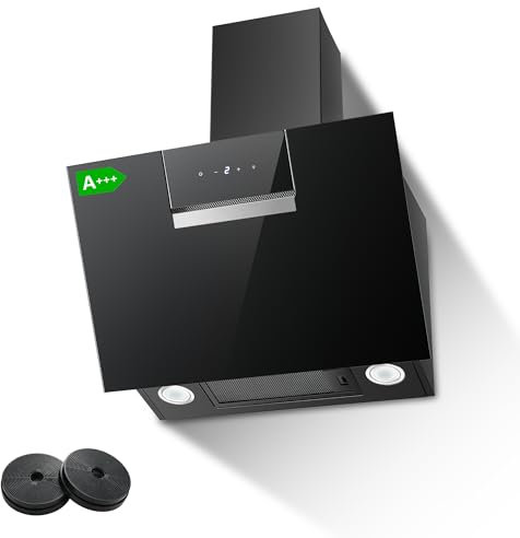 SNDOAS Cooker Hood 60cm, 800m³/h Angled Extractor Fan Kitchen, Class A+++, 3 Speed & Booster, Black Wall-mounted Kitchen Extractor Fan, Touch Control, Recirculating & Ducting Modes with Carbon Filters