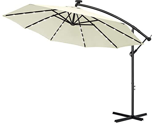 SUBTLETY Ø350cm Alu Sonnenschirm mit LED & Kurbel UV-Schutz Gartenschirm 360° Drehbar Marktschirm Wasserabweisend Ampelschirm mit Ständer Windschutz Kurbelschirm für Garten Patio Strand (Beige)