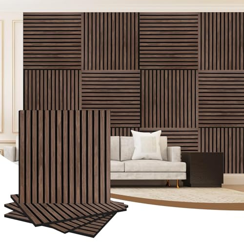 AKK-PANE 4 Pack Acoustic Wall Wood Panels - 1200 mmx 600mm 1.44 m², 3D Slat Wall Panelling for Wall and Ceiling, Sound Absorbing Wooden Wall Panels for Living Room, Bedroom, Office (Black Walnut 11#)