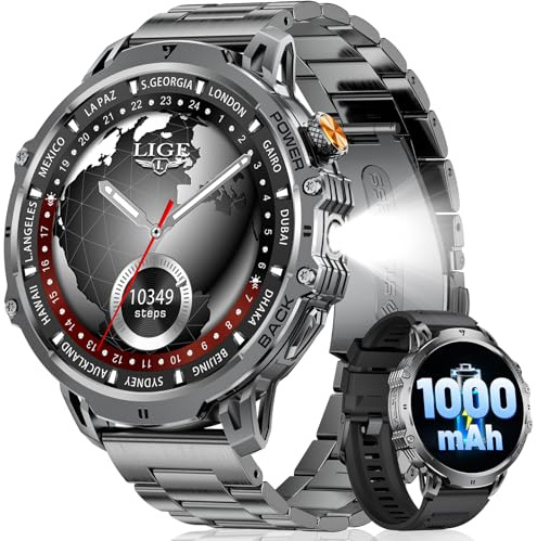 LIGE Montre Connectée Homme,1.85 HD Grand Écran/1000 mAh Batterie/LED Lampe pour Android iOS, Smartwatch Homme avec Appel Bluetooth, 24/7 Fréquence Cardiaque, 100+ Modes Sportifs, IP68 Étanche, Noir