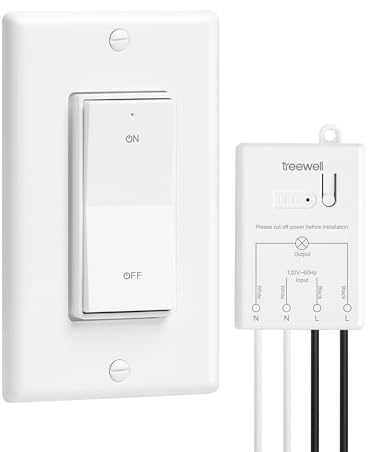 TREEWELL Wireless Light Switch and Receiver Kit, Decorator Rocker Wall Switch, 200FT Long Range RF Remote Control, No in-Wall Wiring Required, Programmable & Expandable for Ceiling Light, Fans, Lamps