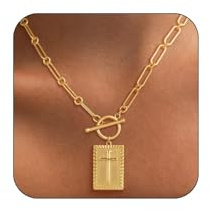 WATEFOER Collar con Cruz para Mujer, Colgantes Cruz Acero Inoxidable Chapado en Oro de 14K Collar Gargantilla Paperalip con cierre OT Regalo Joyería Religiosa para la Fe Cristiana Pascua (Oro)