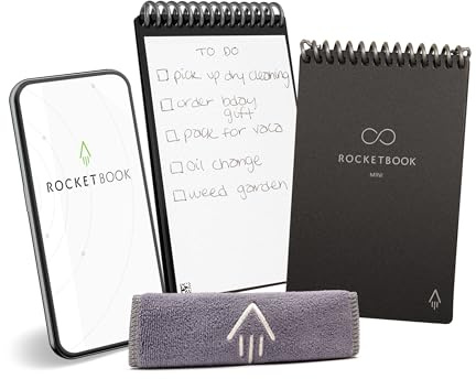 Rocketbook Återanvändbar smart anteckningsbok i fickformat 8,9 x 14 cm svart – 48 prickade sidor, appanslutning, raderbar, perfekt för listor och anteckningar på språng