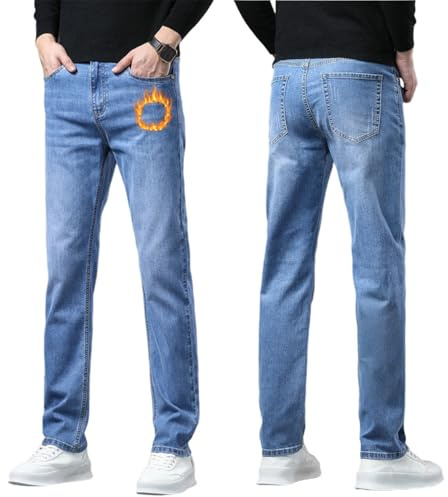 Oanviso Hombre Jeans con Forro Polar Invierno Termico Denim Cómodo Pantalones Vaqueros Holgados Jean Moda Pantalone Casuales Elasticos Pantalón C Azul L