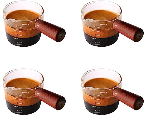 Tacdas 4X Misurino nel Vetro Bicchiere da caffè Espresso 75 ML Brocca Tripla Beccucci Singoli con Manico nel Legno