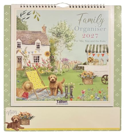 2027 Family Organiser – 3 Column Month to View Hanging Calendar – with Dry Wipe Notes Section - Spiral Bound Home Organiser Planner (Country Gardens 2027)
