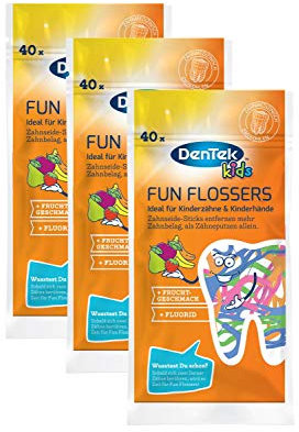 Dentek Fun Flossers Kids - Zahnseide-Sticks speziell für Kinder - mit Fruchtgeschmack - rutschfester Griff - bunte Farben, 3 x 40 Stück