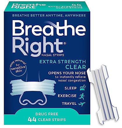 Breathe Right Nasal Strips, Extra Strength Clear Nose Strips, Drug-Free Nasal Congestion Relief for Better Breathing, Help Relieve Snoring, Caused by Colds & Allergies, Deviated Septum, 44ct