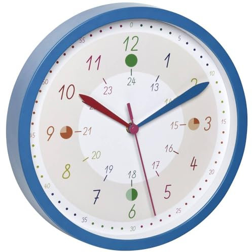 TFA Dostmann Analoge Kinderwanduhr Tick & Tack, 60.3058.06.90, für Mädchen und Jungs, farbenfroh, zum Uhrzeit Lernen, mit Markierungen, bunt, Kunststoff, Glas, blau, L310 x B50 x H340 mm